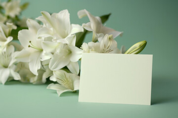 White flowers placed next to a blank card on a vibrant green background