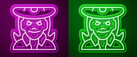 Glowing neon line Witch icon isolated on purple and green background. Happy Halloween party. Vector