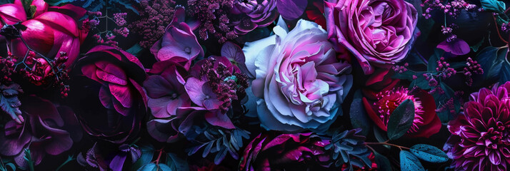 A selection of blooms in rich purples and pinks, highlighted with cool-toned lighting, creating a...