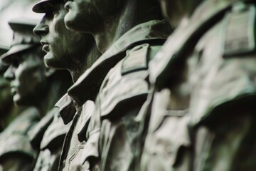 Monochrome sculpture of soldiers, powerful imagery for historical documentaries. Sculpted military figures in partial focus, fitting for memorial day publications, Memorial Day, Veteran's Day