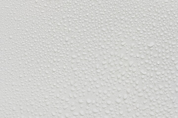 Water drops on white background texture. backdrop glass covered with drops of water. grey bubbles. condensate