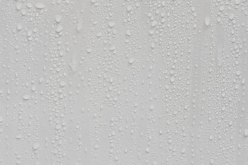 Water drops on white background texture. backdrop glass covered with drops of water. grey bubbles. condensate