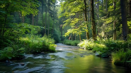 view of a winding creek with forest on either side and lush foliage in the wilderness