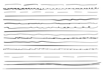 Set of wavy horizontal lines. Set of art brushes for pen. Marker hand-drawn line border set and scribble design elements. Hand drawn grunge brush strokes. Vector illustration - obrazy, fototapety, plakaty