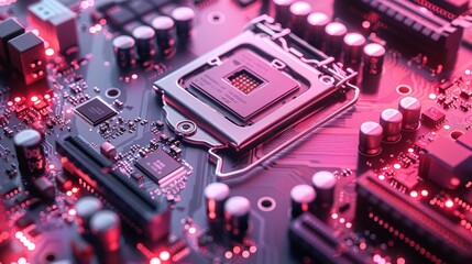 Isometric view of electronics systems and devices, illuminated in a flat glowing design, highlighting the integration of hardware and software technology 