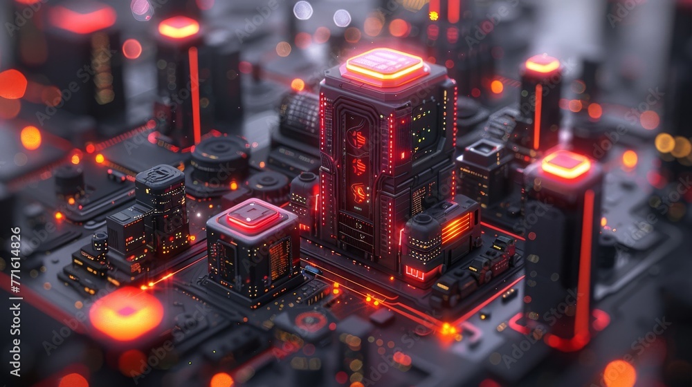 Wall mural glowing flat illustration featuring isometric elements of computer technology, showcasing hardware d