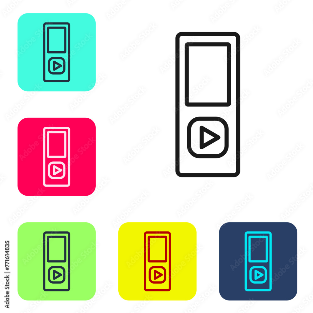 Poster black line music player icon isolated on white background. portable music device. set icons in color