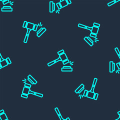 Green line Auction hammer icon isolated seamless pattern on blue background. Gavel - hammer of judge or auctioneer. Bidding process, deal done. Auction bidding. Vector