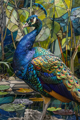 Obraz premium A peacock perched on a rock, displaying its vibrant feathers, with a stained glass window in the background