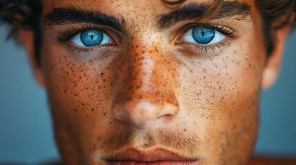 Close-up of a young man with striking blue eyes and freckles, intense gaze, and natural lighting.