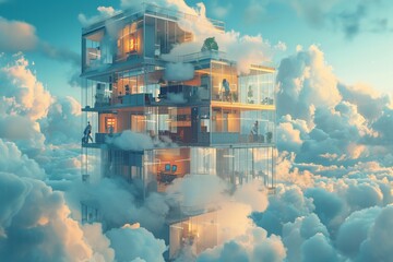 Remote workers navigating surreal virtual office spaces in the cloud, Photorealistic Rendering