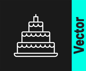 White line Wedding cake icon isolated on black background. Vector