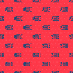 Blue line Camera photo lens icon isolated seamless pattern on red background. Vector