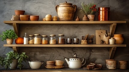 Fototapeta na wymiar Wooden shelves with kitchen utensils and plants. Atmospheric tradition European kitchen interior in vintage style.