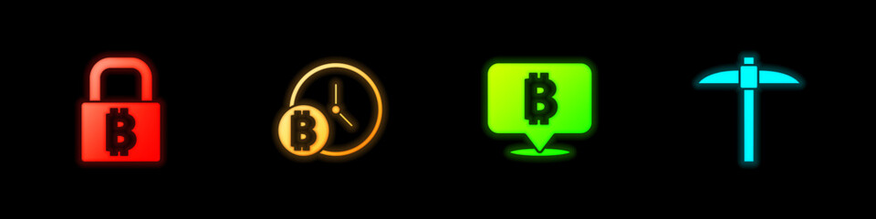 Set Lock with bitcoin, Bitcoin clock, and Pickaxe icon. Vector