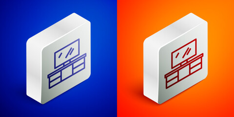 Isometric line TV table stand icon isolated on blue and orange background. Silver square button. Vector