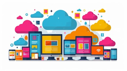 Comprehensive flat design infograph of cloud services architecture, illustrating devices, server hosting, and wireless communication, ideal for tech business and educational use