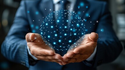 Businessman hold of global structure customer network technology, Data exchanges development.