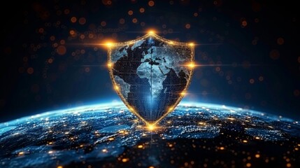 Anti-hacking concept illustrated with a digital shield enveloping earth, mobile devices, and a laptop, signifying a secure network against cyber attacks - obrazy, fototapety, plakaty