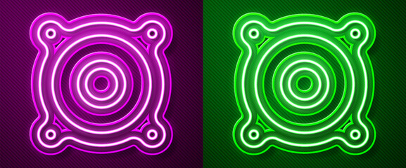 Glowing neon line Stereo speaker icon isolated on purple and green background. Sound system speakers. Music icon. Musical column speaker bass equipment. Vector