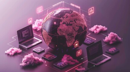 Anti-hacking concept illustrated with a digital shield enveloping earth, mobile devices, and a laptop, signifying a secure network against cyber attacks  - obrazy, fototapety, plakaty