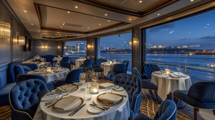 Awardwinning chefs seafood haven, a refined and sophisticated interior with a menu showcasing innovative seafood creations, polished and exclusive - obrazy, fototapety, plakaty