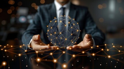 3D rendering of a businessman touching a digital globe, connecting dots in a network that symbolizes global business and blockchain technology integration