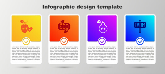 Set Healthy fruit, Leaf Eco symbol, Pear and Location farm. Business infographic template. Vector