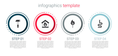 Set Hammer, Fire in burning house, Burning match with fire and hose reel. Business infographic template. Vector - obrazy, fototapety, plakaty