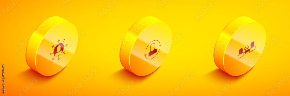 Poster set isometric multitasking manager working, exchange and icon. vector