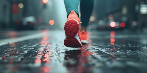 A person in running shoes jogging on a city street training for a marathon. Concept Running, Jogging, Marathon Training, City Street, Active Lifestyle