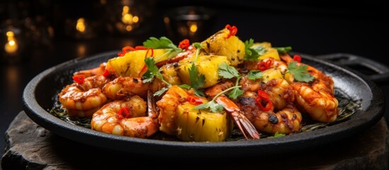 A pan filled with shrimp and pineapple sits on a rustic wooden table, ready to be enjoyed. This...