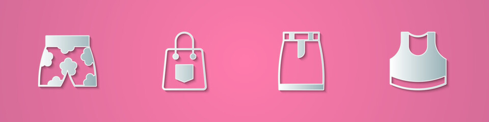 Set paper cut Swimming trunks, Handbag, Skirt and Female crop top icon. Paper art style. Vector