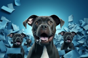 the lively dog leaping through the vibrant blue paper, exuding joy and charisma. - 771616093