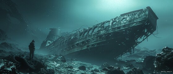 Underwater shipwreck exploration - obrazy, fototapety, plakaty