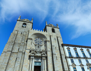 Porto Cathedral facade view, Roman Catholic church, Portugal. Construction around 1110.