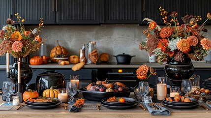 Luxurious homecooked meal setup, with a focus on gourmet food delivery, showcasing a beautifully prepared table with a lavish meal, candles, and floral arrangements