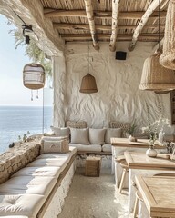 Oceanfront seafood eatery, distressed wood and whitewashed walls, with panoramic windows overlooking the sea, relaxed and scenic