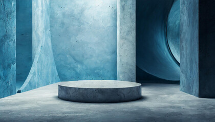 Geometric room with round podium for product presentation. Blue concrete walls. Futuristic architecture