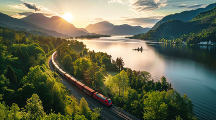 A train travels along the tracks surrounded by dense green foliage in a lush forest - obrazy, fototapety, plakaty