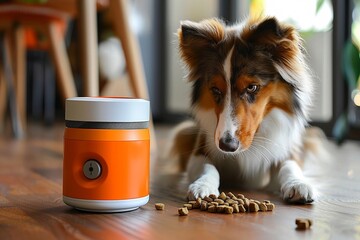 Robotic dog feeder that dispenses food while moving, encouraging physical activity and play, programmable via smartphone for a fun and dynamic feeding experience