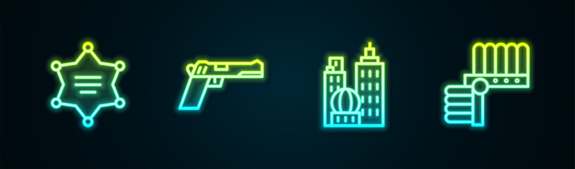 Fototapeta premium Set line Hexagram sheriff, Pistol or gun, City landscape and Indian headdress with feathers. Glowing neon icon. Vector