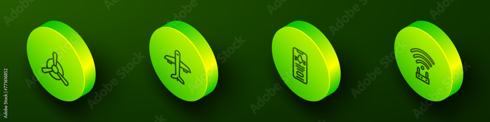 Poster set isometric line plane propeller, , mobile with ticket and router and wi-fi signal icon. vector