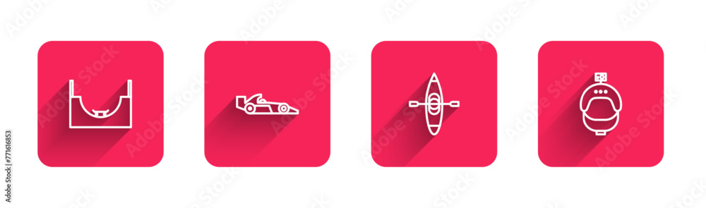 Sticker Set line Skate park, Formula 1 racing car, Kayak canoe and Helmet and action camera with long shadow. Red square button. Vector