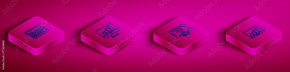 Poster set isometric line calculator, computer monitor with graph chart, certificate template and laptop ic