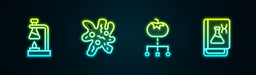 Set line Test tube flask on fire, Cell, Genetically modified food and engineering book. Glowing neon icon. Vector