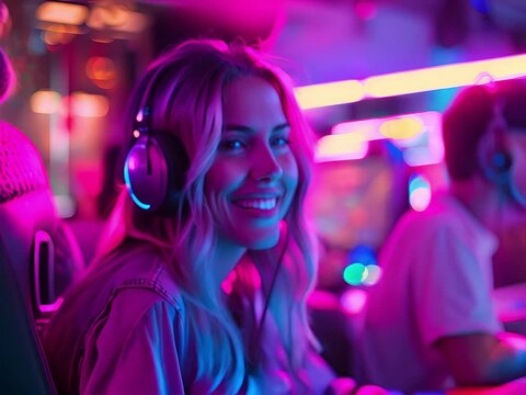 Medium shot of a female gamer laughing with friends over a neon-lit gaming setup, celebrating their collective win