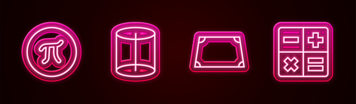Set line Pi symbol, Geometric figure, Acute trapezoid shape and Calculator. Glowing neon icon. Vector