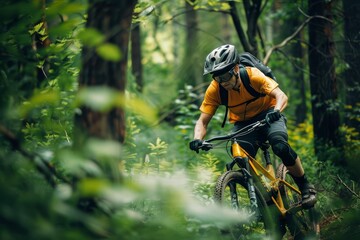 Adventurous Man Practicing Extreme Mountain Biking in Dense Forest, Action Sports Photography Capturing Thrill and Adrenaline - obrazy, fototapety, plakaty