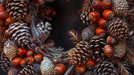 Decorative wreath of pine cones and branches.